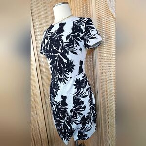 Graphic Botanical Print Bodycon Dress w/ Wrap-Effect Tulipskirt, Black & White